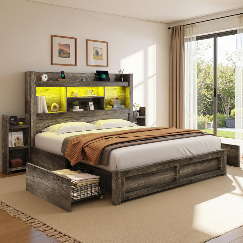 Structure de lit double Sherell avec 4 tiroirs de rangement, gris, Double, gris