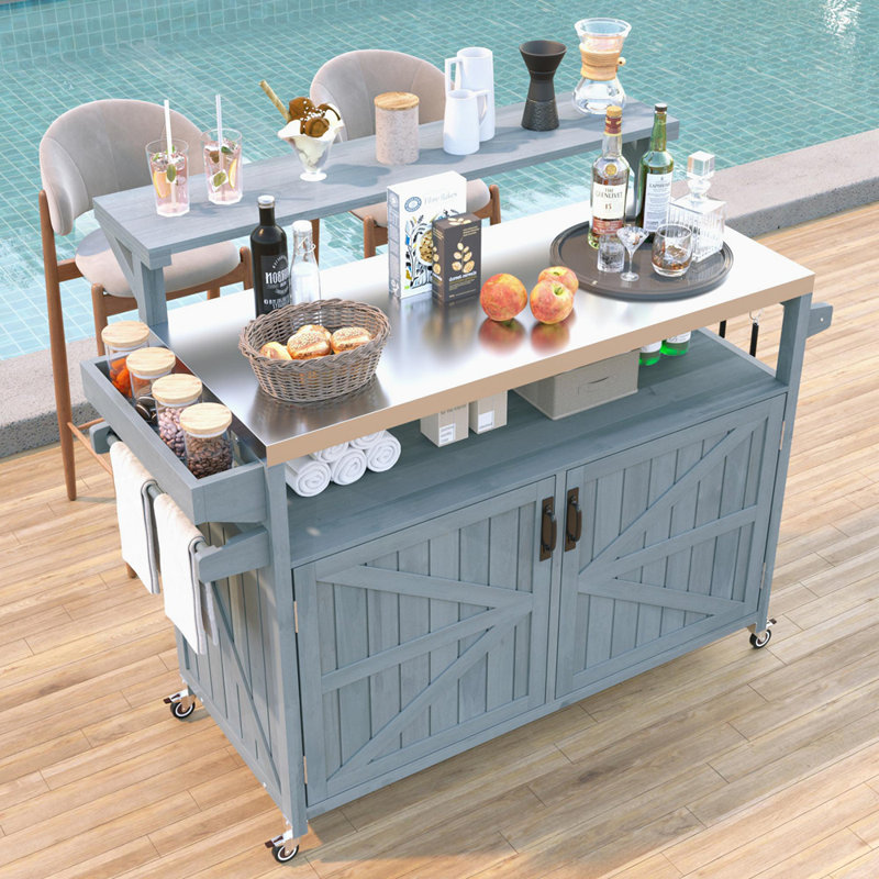 Îlot de cuisine extérieur avec armoire de rangement en bois massif et plateau en acier inoxydable, Gris te bleu