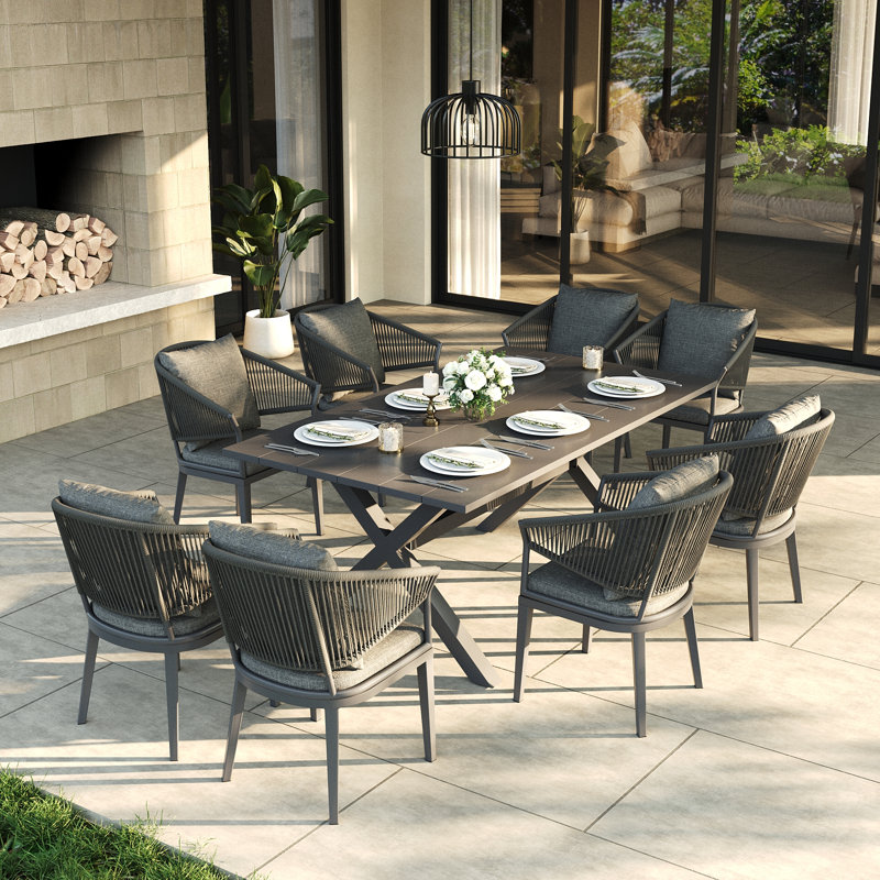 8 - Person Rectangular Outdoor Dining Set With Cushions, Dark Gray Cushion/Gray Frame, 9 Pcs: Table, 8 Chairs