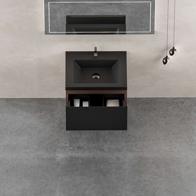 Meuble-lavabo mural avec lavabo à surface solide, Noyer, 24", Noir
