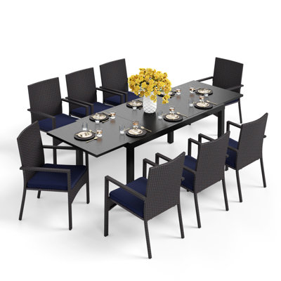 Alyah 8 - Person Patio Dining Set with Extendable Rectangular Table , Cushions Included
