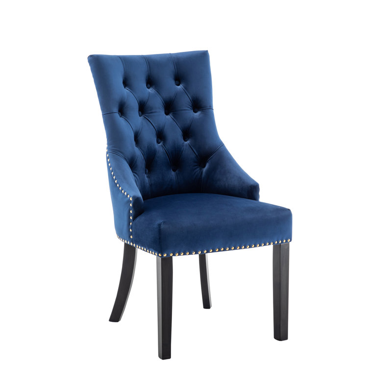 Dejavu Tufted Velvet Dining Chair with Rubberwood Legs, Blue Velvet