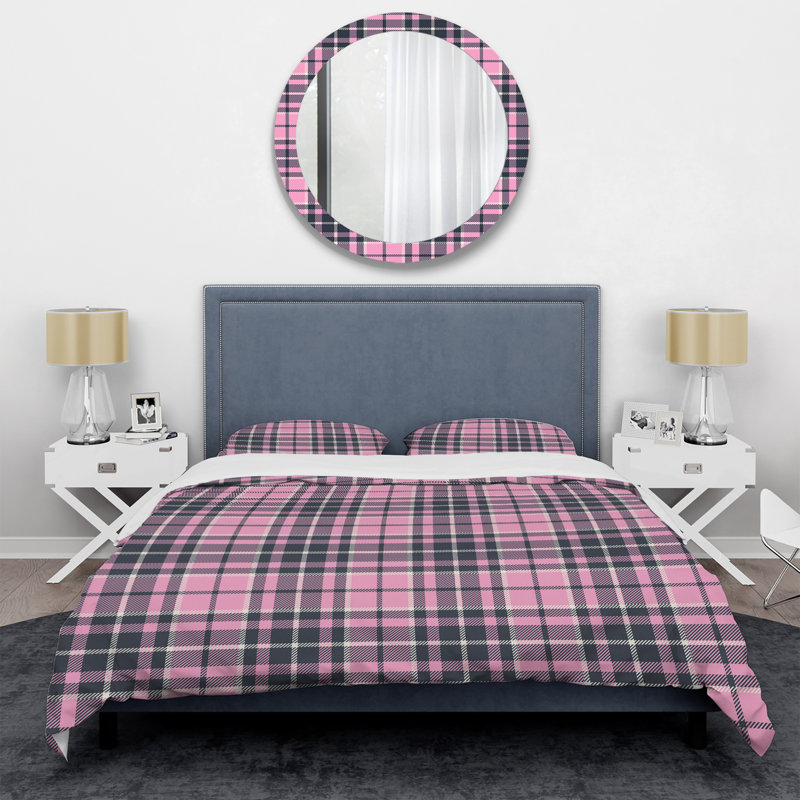 Tartan à carreaux rose et noir - Ensemble de housse de couette abstrait - Microfibre de polyester