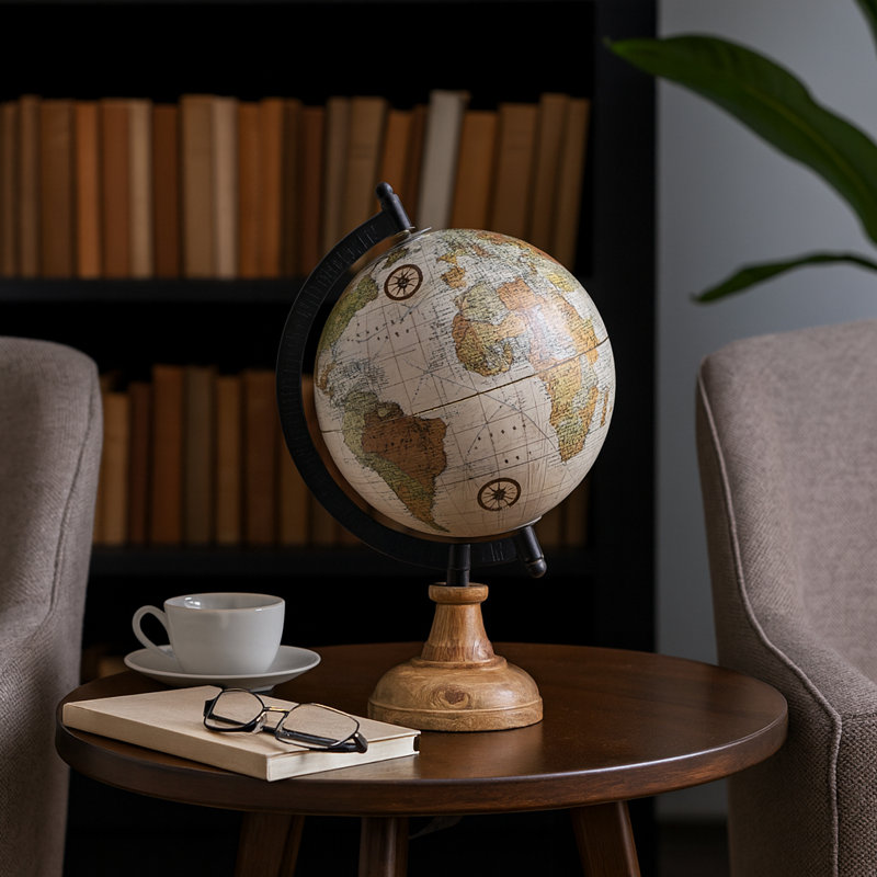 Globe décoratif Koregan avec base en bois pour la décoration intérieure - Sculpture moderne pour les salles d'étude, le salon ou les tablettes - 12 po