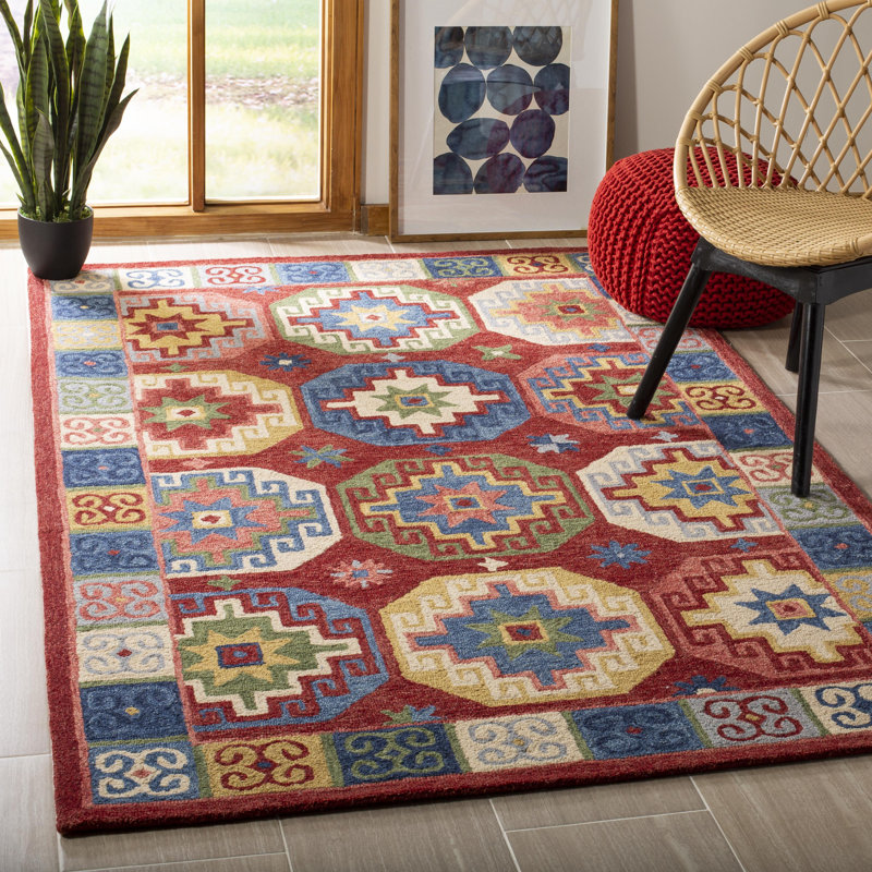 Vahakn Hand Tufted Wool/Cotton Southwestern Rug in Blue/Red, Rectangle 9' x 12'