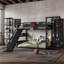 Lit mezzanine double en métal avec panier de basketball, anneaux de traction, mur d'escalade et tablettes intégrées-272278850