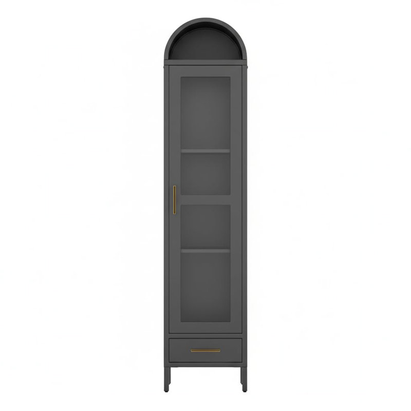 Vitrine arquée avec portes en verre cannelé, vitrine en métal avec tablettes réglables pour le salon et la salle à manger
