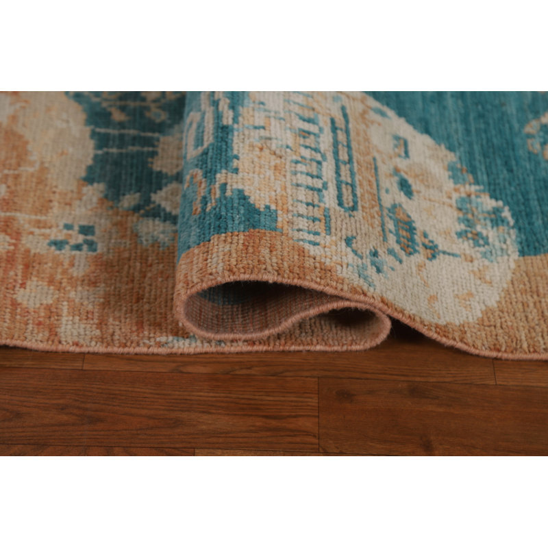 Tapis vert en laine noué à la main de conception unique 2 pi 0 po x 4 pi 0 po New Age