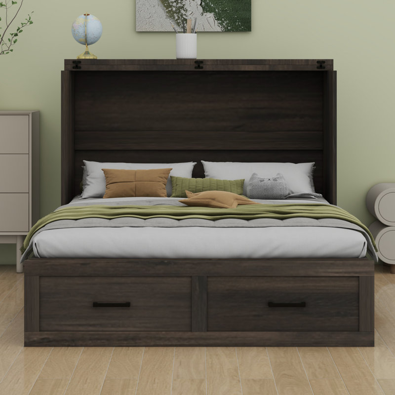 Lit escamotable avec lit plateforme escamotable et grand tiroir de rangement Murphy, Gris rustique