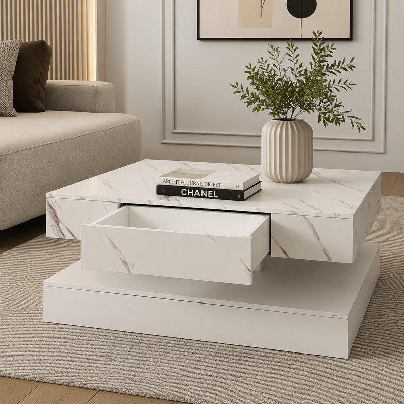Table basse moderne à DEL avec éclairage RVB et tiroir de rangement, Blanc, marbre blanc