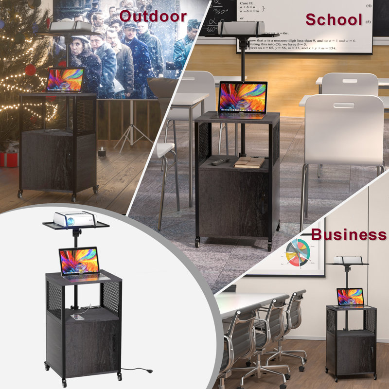 Adjustable Height Black MDF and Steel Projector Cart
