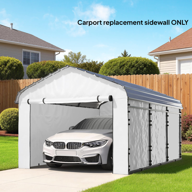 White carport replacement sidewall set with a large roll-up zippered door.