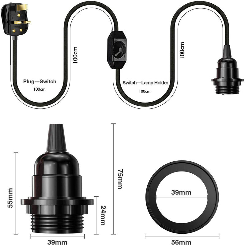 Milladore Ceiling Pendant Fitting, E27 Lamp Holder 2M Plug In Pendant Light Cord, Fabric Cable 3 Pin Plug In With On/Off Switch Lighting Kit