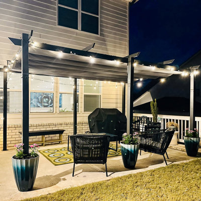 Pergola 11 pi x 16 pi gris foncé avec auvent. Structure en aluminium, tissu, réglable pour bloquer la structure robuste de la piscine, plaisir