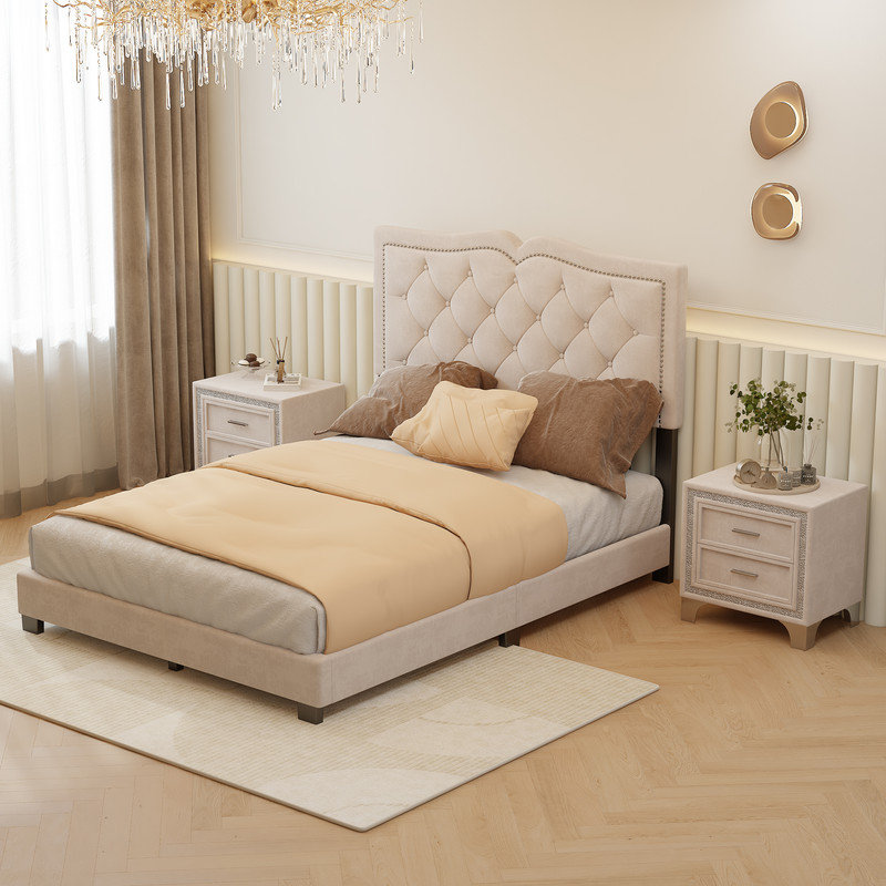 Lit plateforme tapissier Jitreo, Double, Beige