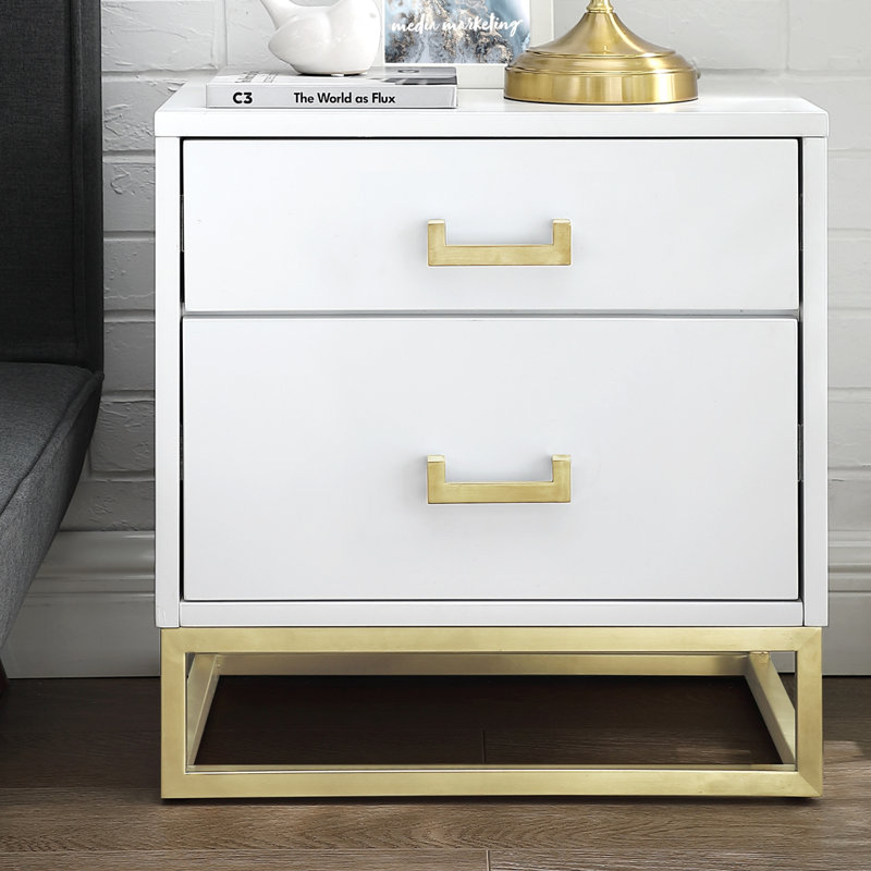 Table de chevet / table d'appoint Raees, Blanc / Doré