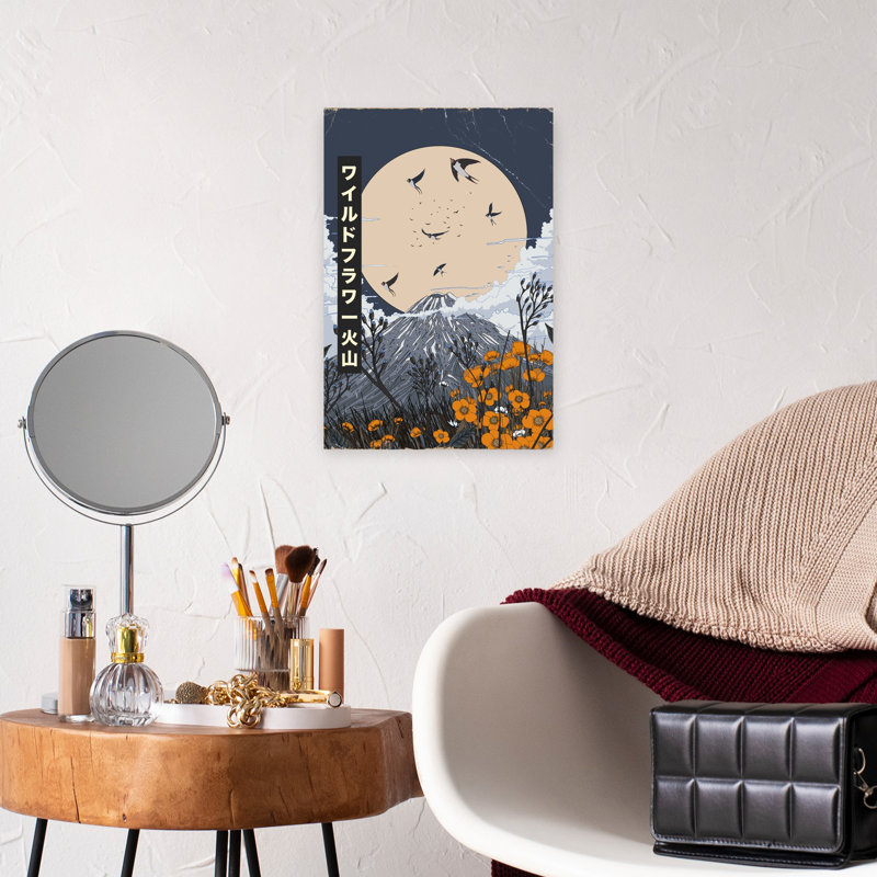 Contemporary Art Minimalist Retro Serene Bird Buttercup Poppy Landscape Mountain Wall Art 1 Piece Wrapped Canvas Wall Art