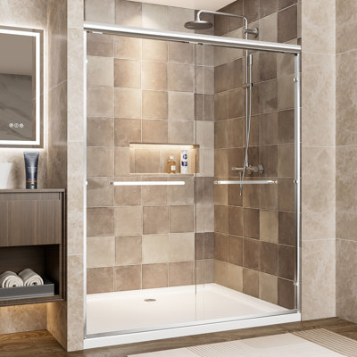 Aluminum Double Sliding Shower Door, 60" W X 72" H, 1/4" (6Mm) Clear Tempered Glass With - Shatter Film, Corrosion Handles, Adjustable Width For Bathroom Wide Frame Door Glass, Proof And Dual