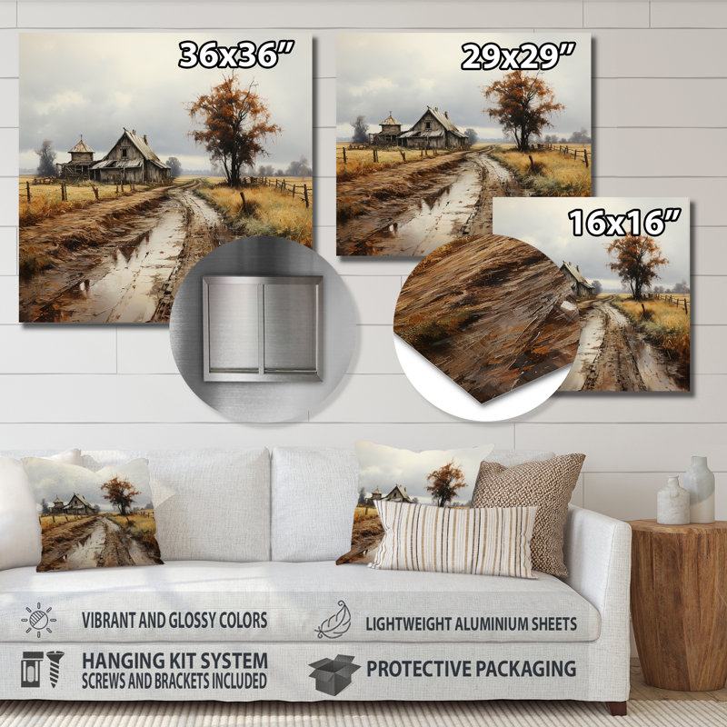 Barns Misty Morning - campagne, art mural en métal, H 16 po x l 16 po x P 1 po