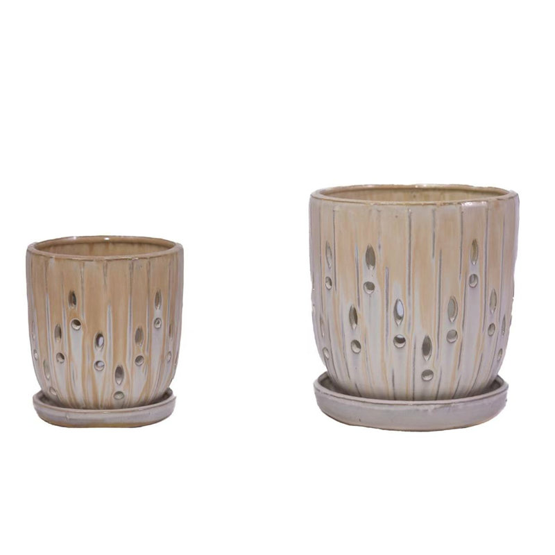 Set of 2 Ceramic Flowerpots with Drainage Holes, 8 Inch Modern Planters for Patio, Garden, and Windowsill