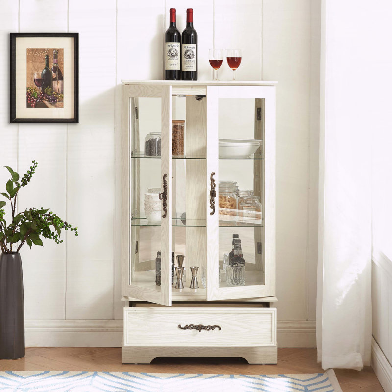 Lighted Glass Curio Cabinet with Adjustable Shelves and Drawer, White