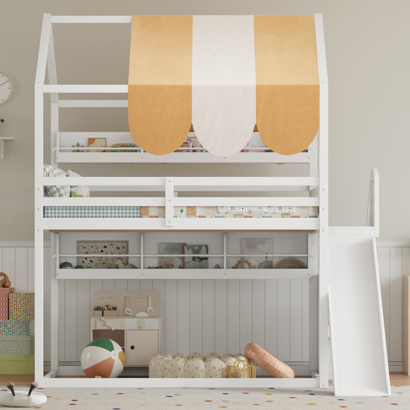 Full Size House Bed with Canopy, Slide & Built-in Bookshelves – Space-Saving Kids Bed, White, White