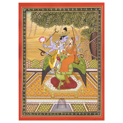 Handcrafted Lord Vishnu Lakshmi on Garuda Watercolor Painting - Traditional Hindu Divine Couple Art on Handmade Paper 16"H x 12"W Religious Wall Decor