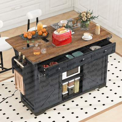 Îlot de cuisine K&K de 53,7 po avec prise de courant, 2 îlots de rangement pour porte de grange coulissante avec abattant, support à épices sur roulettes, pour la maison, la cuisine et la salle à manger, noir