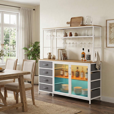55-Inch Modern 2-In-1 Multi-Purpose Sideboard Buffet Cabinet & Coffee Table, Built-In Dimmable RGB LED Ambient Strip Lights & Multi-Function Power Outlets With 2 AC Ports 2 USB Charging Ports For Convenient Electronic Device Charging