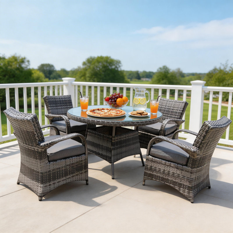 Judesa 4 - Person Wicker Patio Dining Set with Round Table , Cushions Included, Grey, Grey