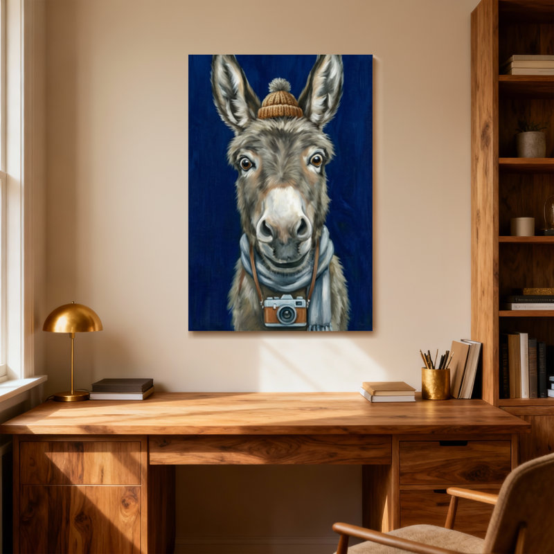 Animals Donkey Wearing Hat Scarf And Camera, 32" H x 48" W