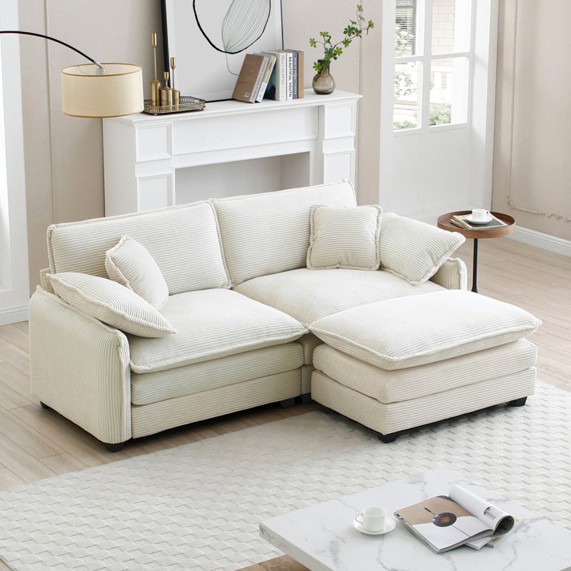 Modern Sofa2-Seater Sofa  With 1 Footrest, L-Shaped 2-Seater Sofa With Ottoman  Small Living Spaces,  Corduroy, Beige