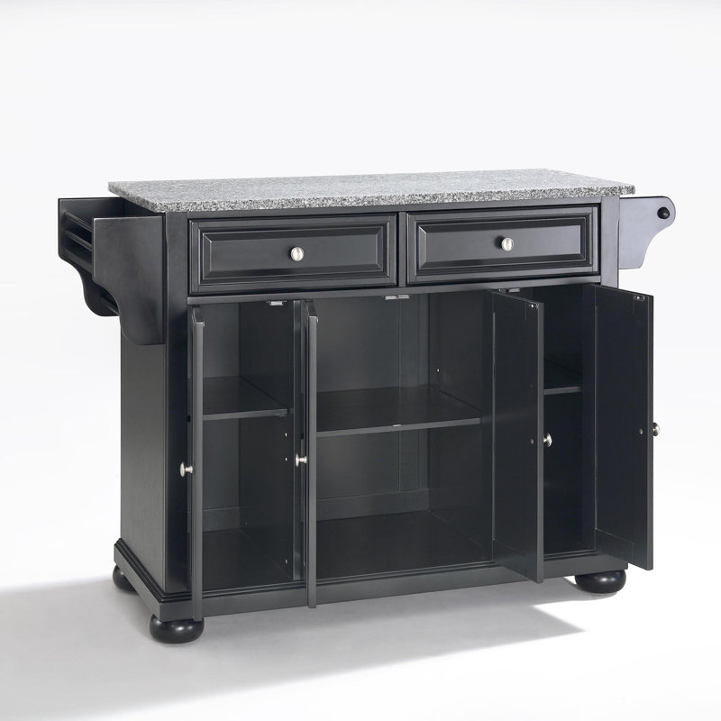 Monty 51.5" Kitchen Island with Granite Top and Locking Wheels, Black
