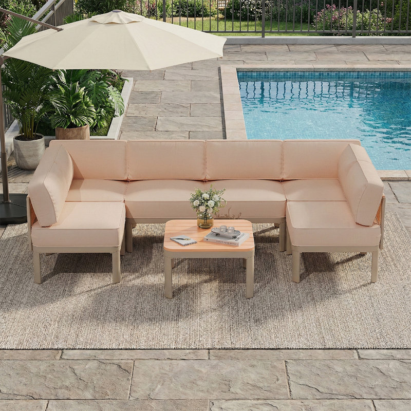 Ensemble de mobilier modulaire de patio 7 pièces, ensemble de conversation d'extérieur avec cadre en aluminium avec coussins de 6 po d'épaisseur et table basse, canapé modulaire en U toutes saisons pour bord de piscine, terrasse et cour arrière, beige
