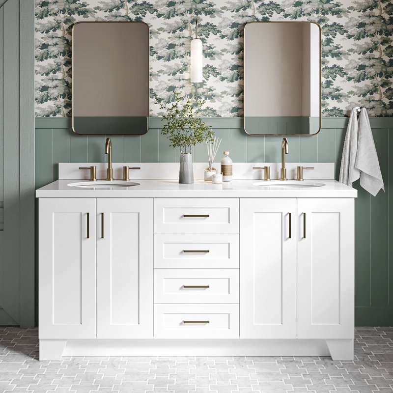 Freitas 67'' Solid Wood Double Bathroom Vanity in White with 1.5'' Pure White Quartz Top, Center, Oval Sink, Oval, White