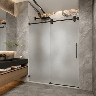 Sola 46"-49" W X 76" H Frameless Single Sliding Shower Door(Left Opening) With 3/8"(10mm) SGCC Certified Frosted Glass In Matte Black