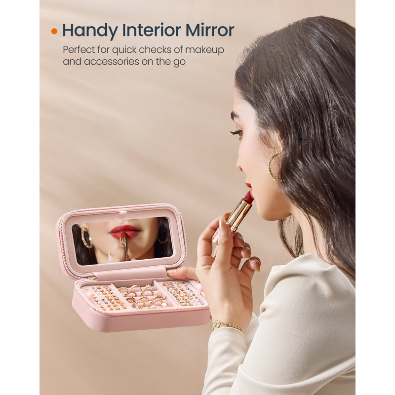 Travel Jewellery Box Small Jewellery Case Organiser with Mirror, 6cm x 20.5cm x 10.5cm, Pink