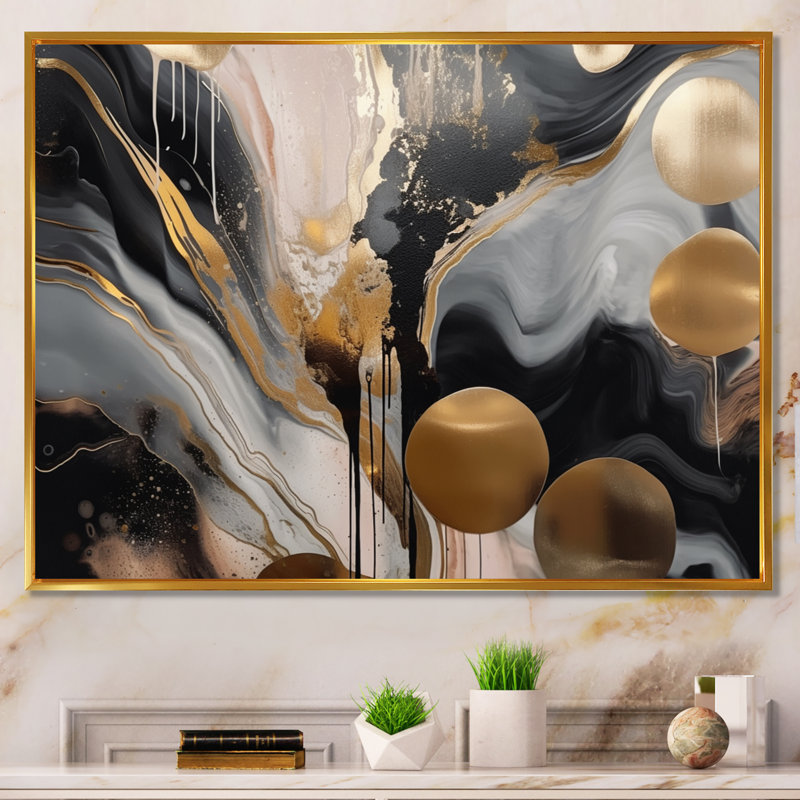 Marbre gris et doré captivant - art abstrait sur toile marbrée, Reproduction avec cadre flottant, Doré, H 24 po x l 32 po