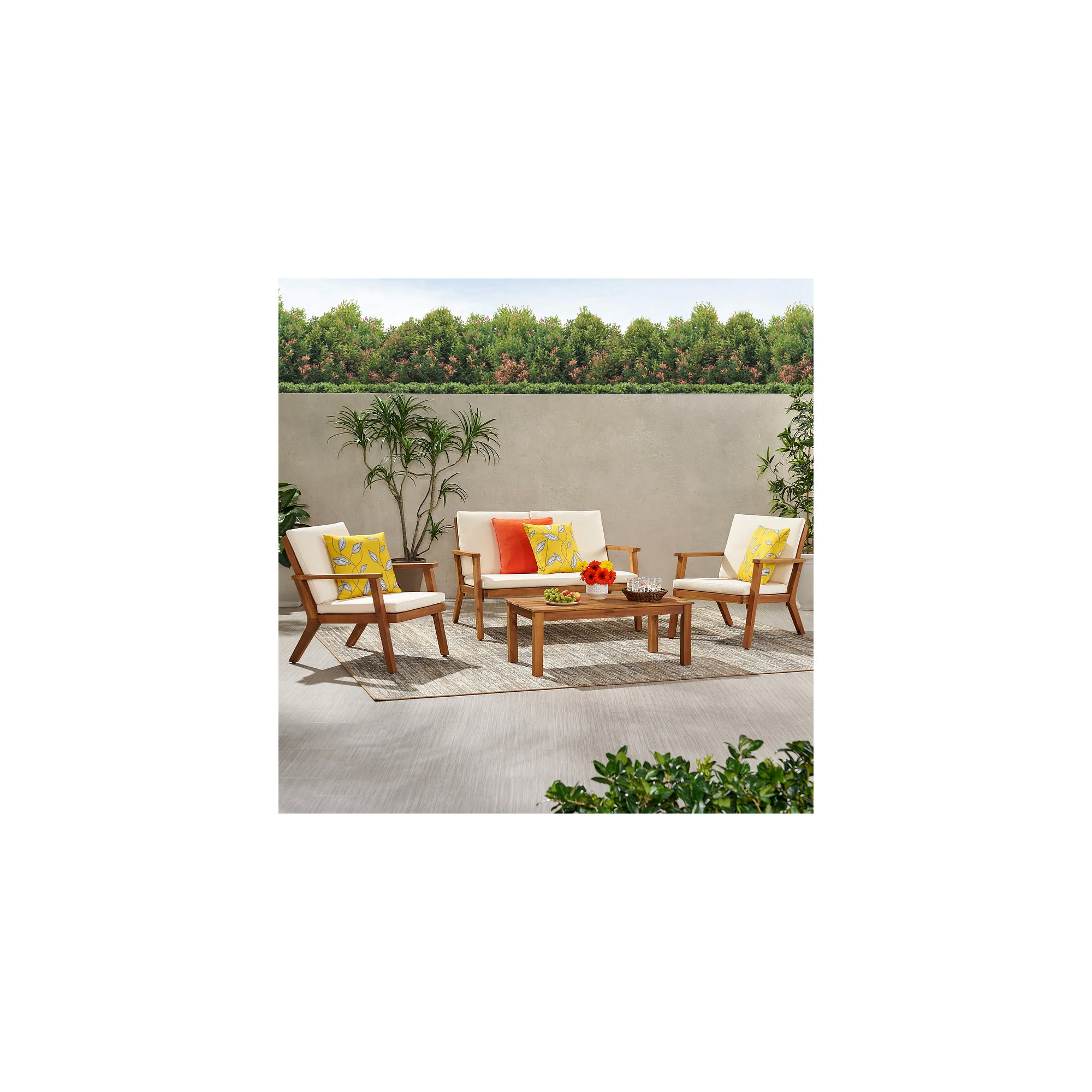 Channing Acacia 4 - Person Patio Conversation Set with Cushions, Cream, Brown Patina