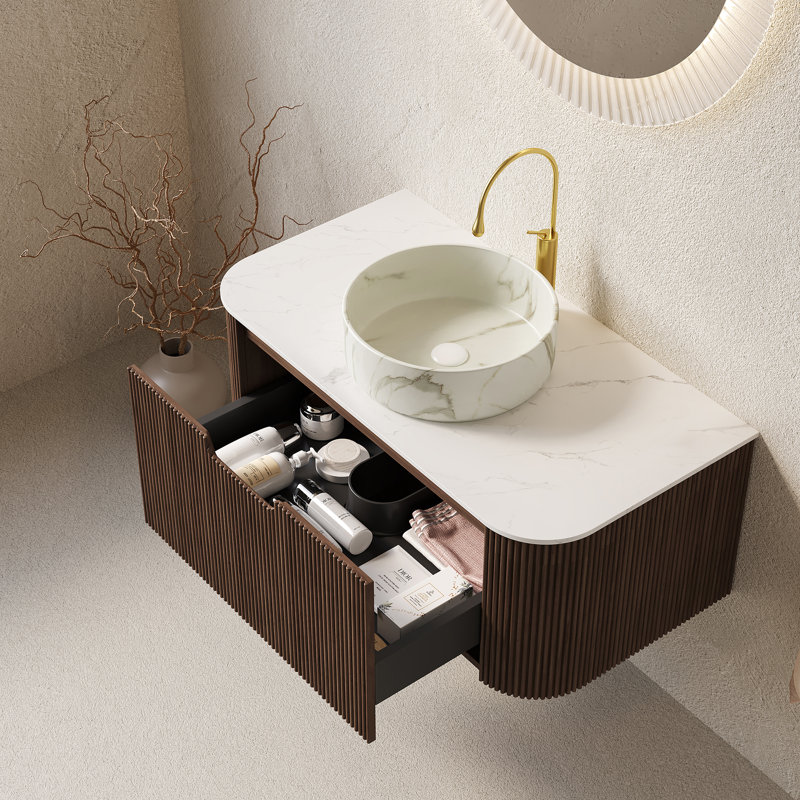 Meuble-lavabo rond en céramique 36 po, Dark Walnut, 36" W, White