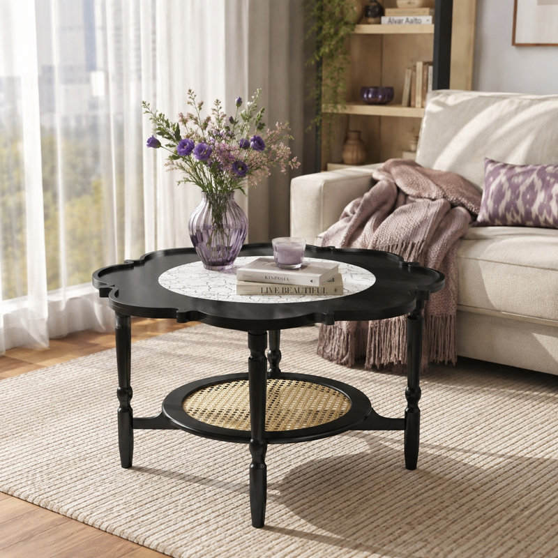 Table basse Calline Mid-Century en forme de pétale avec tablette en rotin et plateau en verre, Noir