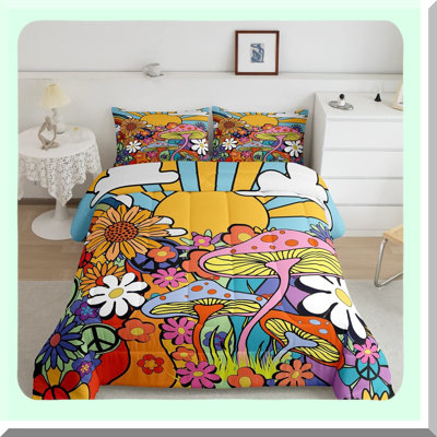 Retro Daisy Sun Comforter Set - Queen Size Boho Floral Bedding with Groovy 60s 70s Vintage Theme - Geometric Striped Quilt Set for Chic Hippie Vibes