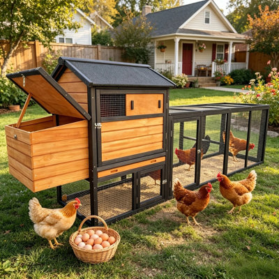 Poulailler en bois brun et noir, grand poulailler extérieur avec enclos et nichoir, clapier à lapin, cage de volaille imperméable et anti-UV