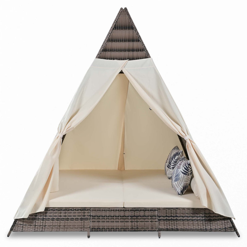 90.5" Length Outdoor Sunbed With Colorful Pillows, Wicker Patio Daybed, Beige Cushion/Brown Frame