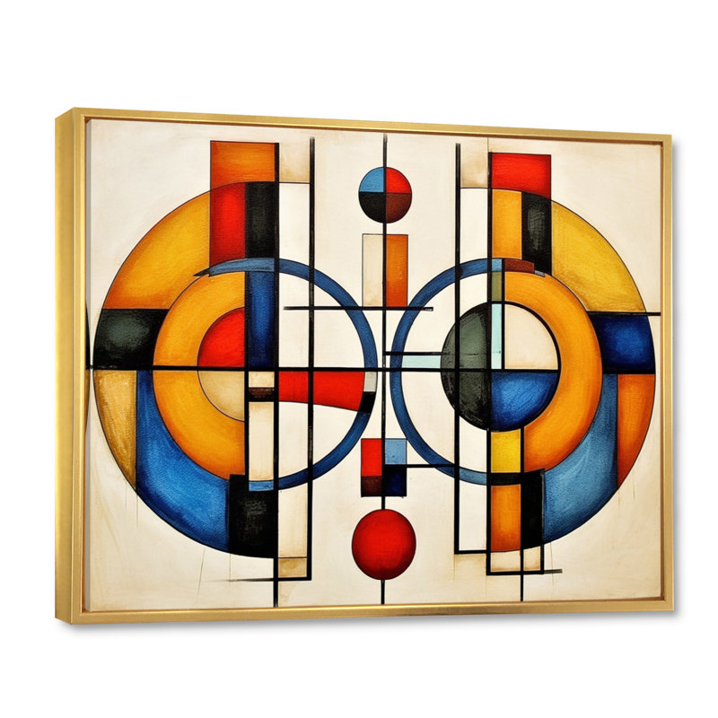 Jaune et bleu, Explorant les dimensions - formes abstraites, art mural, Cadre flottant doré, H 24 po x l 32 po x P 1 po