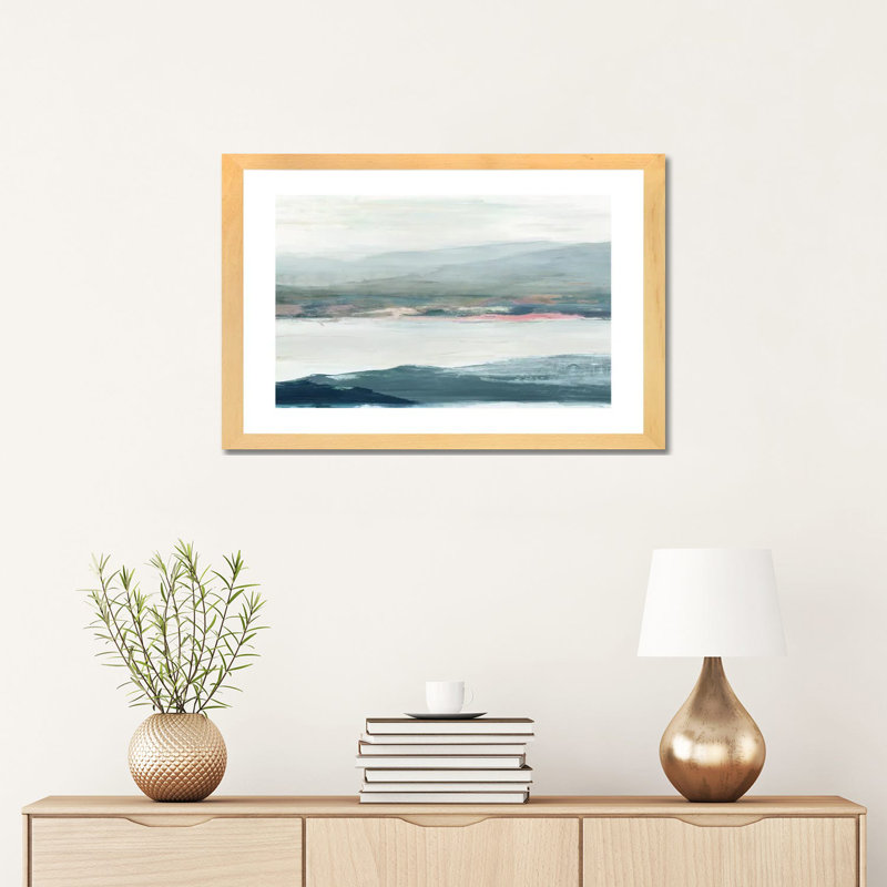 " Peaceful Mind II " by Allison Pearce, White, 16" H x 24" W x 1" D, Beige Wood Framed Paper