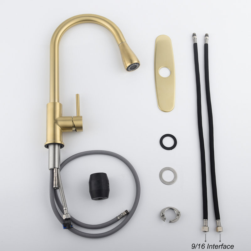 Robinet d'évier de cuisine à poignée simple en or brossé avec bec rétractable, buse à arc élevé tournant sur 360 ° pour une utilisation polyvalente de l'eau, levier facile à contrôler, surface rouillée, bulles d'aérateur remplies de bulles et éclaboussures en douceur