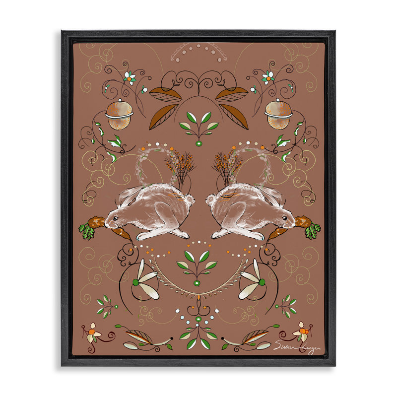 Cadre flottant symétrique avec motif de lapins des bois, conception par Susan Lugar, Cadre flottant noir de jais