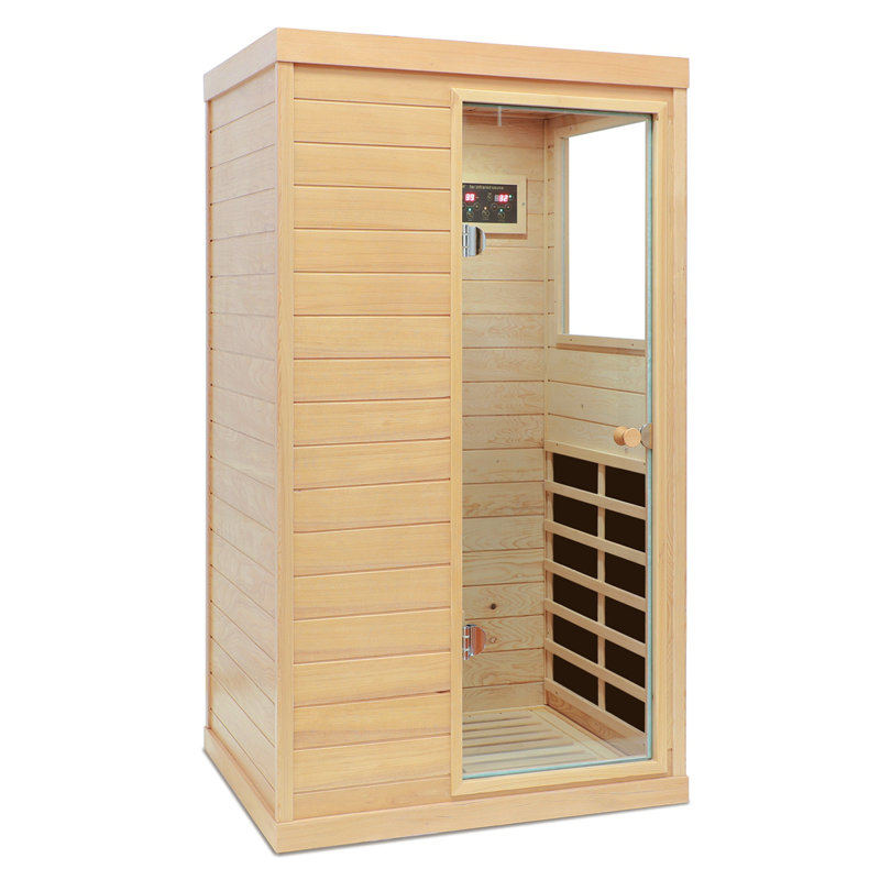 Hemlock Mini One Person Far Infrared Door On The Right Of The Indoor Sauna Room, Natural
