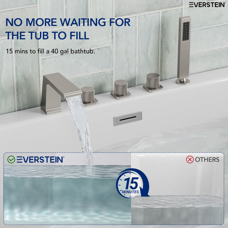 Modern Roman Tub Filler with Valve & Handheld Shower, Brushed Nickel Bathtub Faucet Set 3 Handles, Waterfall Tub Faucet Deck Mount 